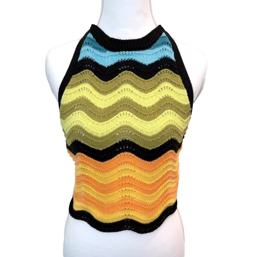 Forever 21 Crochet Tie Back Halter Top Size L Colorful Y2K Boho Hippie Festival